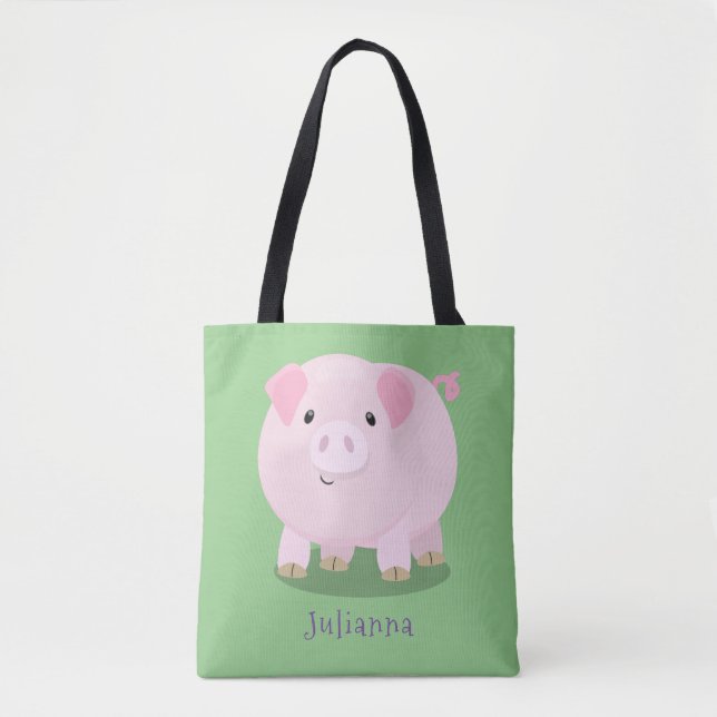 Cute pink pot bellied pig cartoon illustration tote bag (Front)