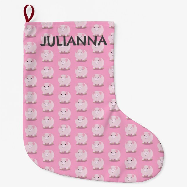 Cute pink pot bellied pig cartoon personalised large christmas stocking (Front)