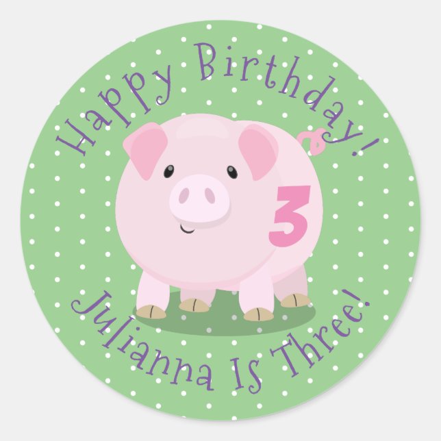 Cute pink potbelly pig cartoon illustration classic round sticker (Front)