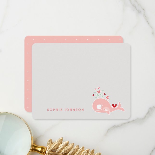 Cute Pink Pregnant Mummy Whale Girl Baby Shower Thank You Card (Front/Back In Situ)