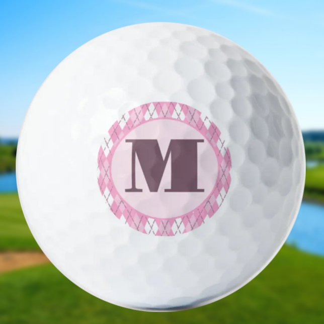 Cute pink preppy argyle ladies custom monogram golf balls (Creator Uploaded)