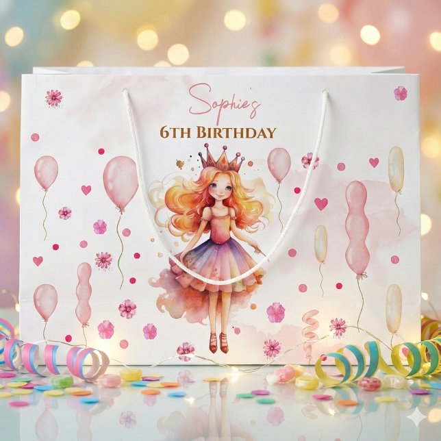 Cute pink princess and balloons birthday large gift bag (Creator Uploaded)