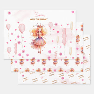 Cute pink princess and balloons birthday wrapping paper sheet