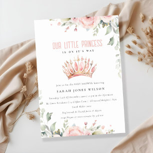 Cute Pink Princess Crown Tiara Floral Baby Shower Invitation