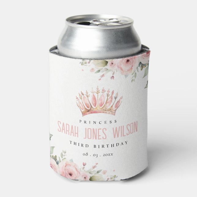 Cute Pink Princess Crown Tiara Floral Birthday Can Cooler (Can Front)