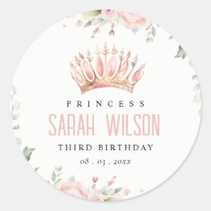 Cute Pink Princess Crown Tiara Floral Birthday Classic Round Sticker