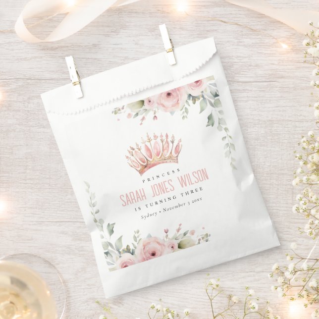 Cute Pink Princess Crown Tiara Floral Birthday Favour Bags (Clipped)
