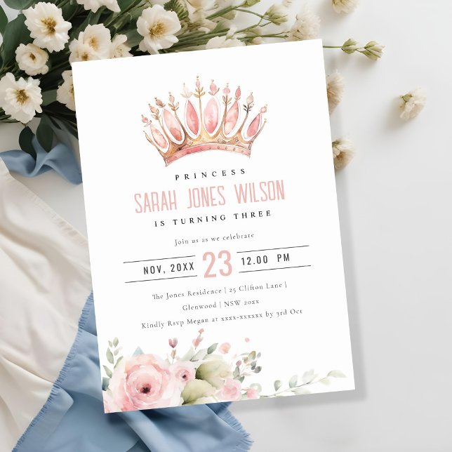 Cute Pink Princess Crown Tiara Floral Birthday Invitation (Creator Uploaded)