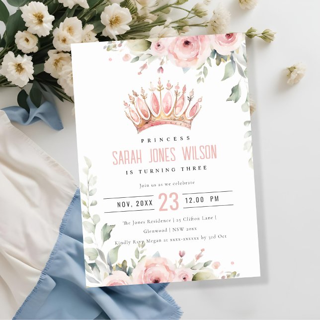 Cute Pink Princess Crown Tiara Floral Birthday Invitation (Creator Uploaded)