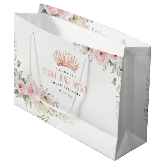Cute Pink Princess Crown Tiara Floral Birthday Large Gift Bag (Front Angled)