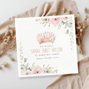 Cute Pink Princess Crown Tiara Floral Birthday Napkin