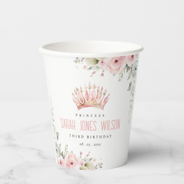 Cute Pink Princess Crown Tiara Floral Birthday Paper Cups (Front)