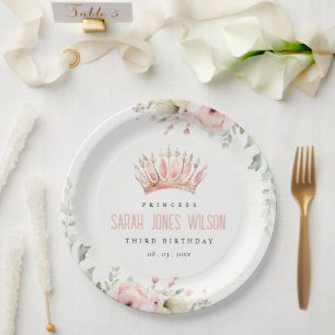 Cute Pink Princess Crown Tiara Floral Birthday Paper Plate