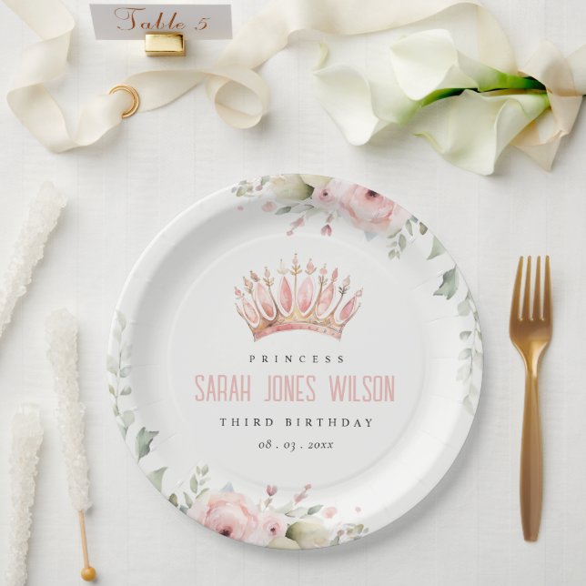 Cute Pink Princess Crown Tiara Floral Birthday Paper Plate (Wedding)