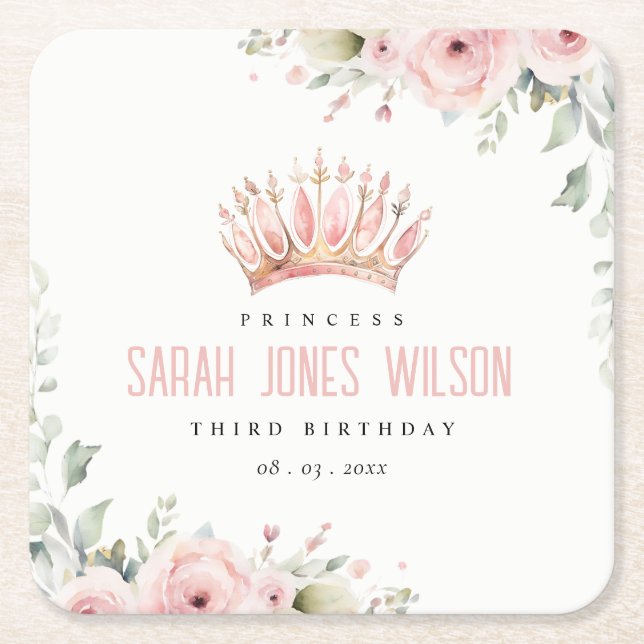 Cute Pink Princess Crown Tiara Floral Birthday Square Paper Coaster (Front)