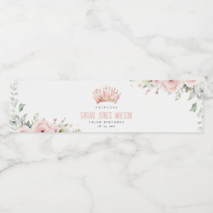 Cute Pink Princess Crown Tiara Floral Birthday Water Bottle Label