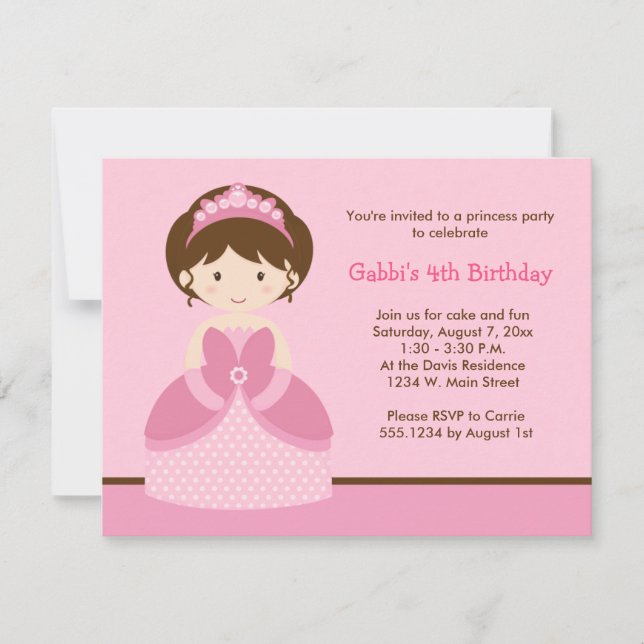 Cute Pink Princess Girl Birthday Party Invitations (Front)