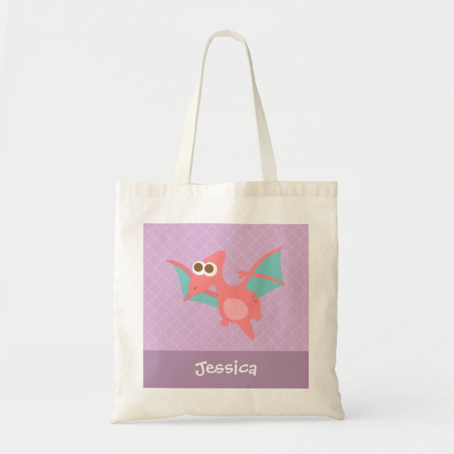 Cute Pink Pterodactyl dinosaur Kids Personalised Tote Bag (Front)