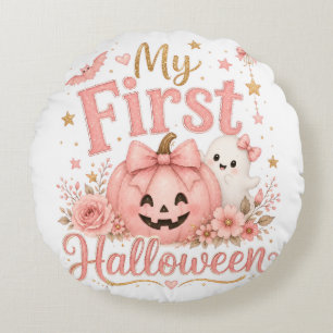 Cute Pink Pumpkin 1st Halloween Round Cushion