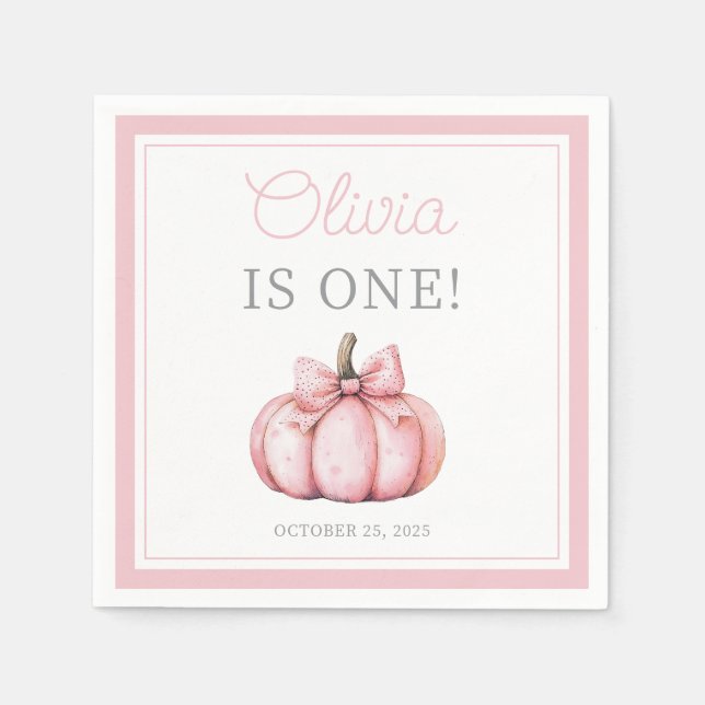 Cute Pink Pumpkin Baby Girl First Birthday Napkin (Front)