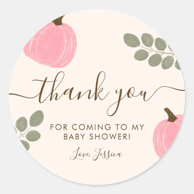 Cute Pink Pumpkin Eucalyptus Baby Shower Thank You Classic Round Sticker (Front)