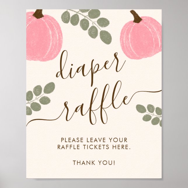 Cute Pink Pumpkin Eucalyptus Diaper Raffle Sign (Front)