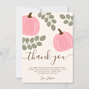 Cute Pink Pumpkin Eucalyptus Fall Baby Shower Thank You Card