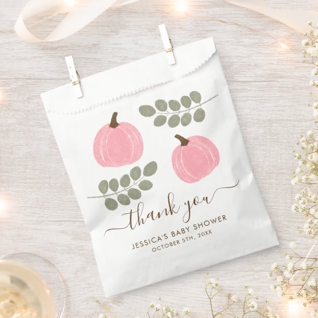 Cute Pink Pumpkin Eucalyptus Fall Girl Baby Shower Favour Bags (Clipped)