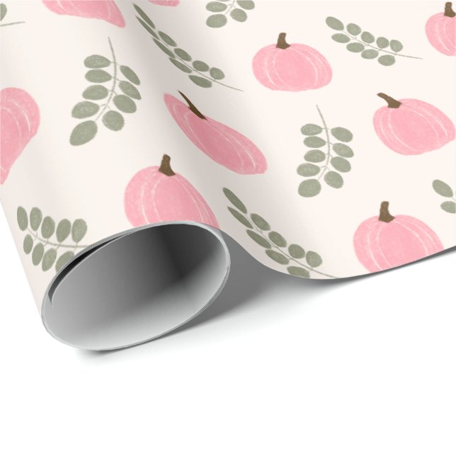 Cute Pink Pumpkin Eucalyptus Fall Pattern Wrapping Paper (Roll Corner)