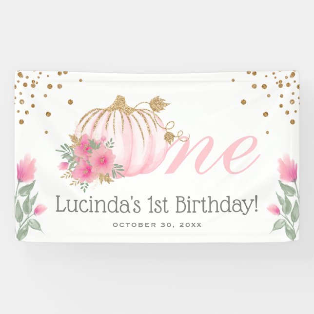 Cute Pink Pumpkin Floral & Gold 1st Birthday Party Banner (Horizontal)
