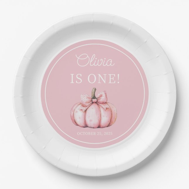 Cute Pink Pumpkin Girl 1st Birthday Paper Plate (Front)