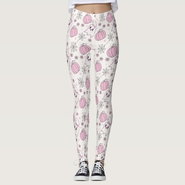 Cute Pink Pumpkin Halloween Pattern Leggings (Front)