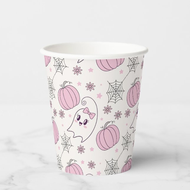 Cute Pink Pumpkin Halloween Pattern Paper Cups (Front)