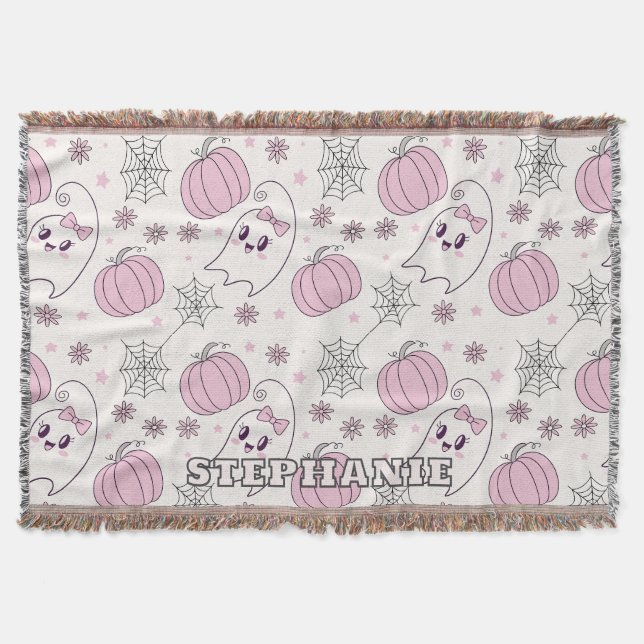 Cute Pink Pumpkin Halloween Pattern Throw Blanket (Front)