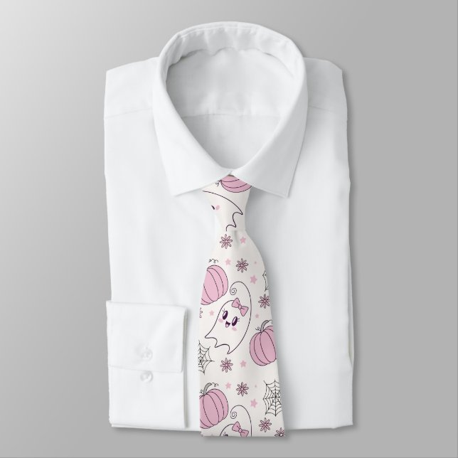 Cute Pink Pumpkin Halloween Pattern Tie (Tied)