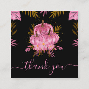 Cute Pink Pumpkin Leaf Fall Thanksgiving Thank You Square Business Card