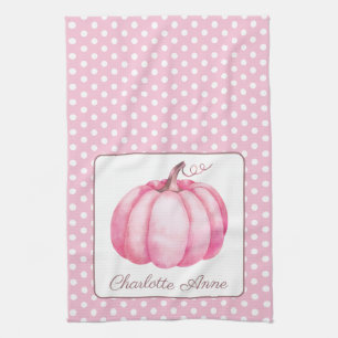 Cute Pink Pumpkin on Polka Dots Personalised Tea Towel