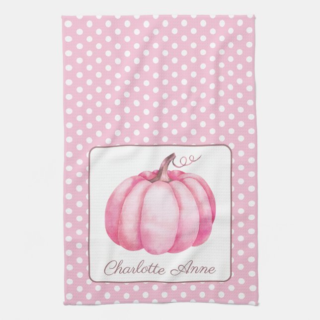 Cute Pink Pumpkin on Polka Dots Personalised Tea Towel (Vertical)