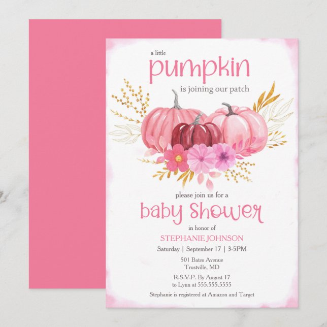 Cute Pink Pumpkin Patch Watercolor Baby Shower  In Invitation (Front/Back)