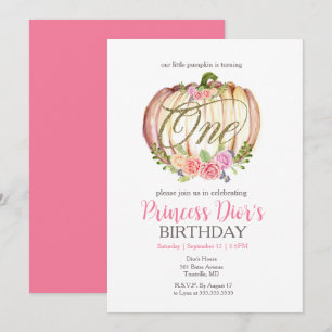 Cute Pink Pumpkin Watercolor First Birthday Invitation