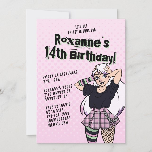 Cute Pink Punk Cartoon Teen Girl 14th Birthday Invitation (Front)