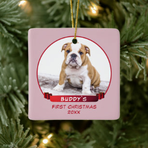 Cute Pink Puppy 1st Christmas Dog Photo Ceramic Ornament
