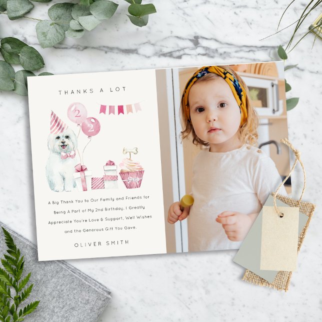Cute Pink Puppy Dog Any Age Birthday Photo Party Thank You Card (Creator Uploaded)