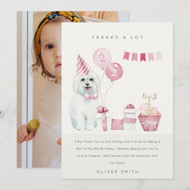 Cute Pink Puppy Dog Any Age Birthday Photo Party Thank You Card (Front/Back)