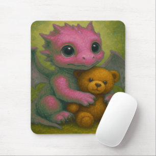 Cute Pink Puppy Eyed Baby Dragon with Teddy Bear Mouse Mat