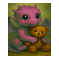 Cute Pink Puppy Eyed Baby Dragon with Teddy Bear