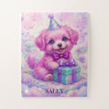 Cute Pink Puppy Personalised Name Jigsaw Puzzle