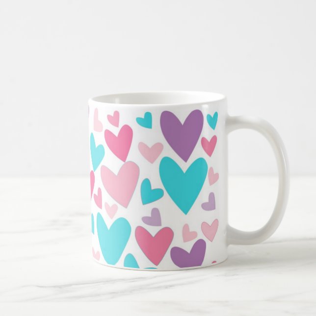Cute Pink Purple and Blue Hearts Pattern Coffee Mug (Right)