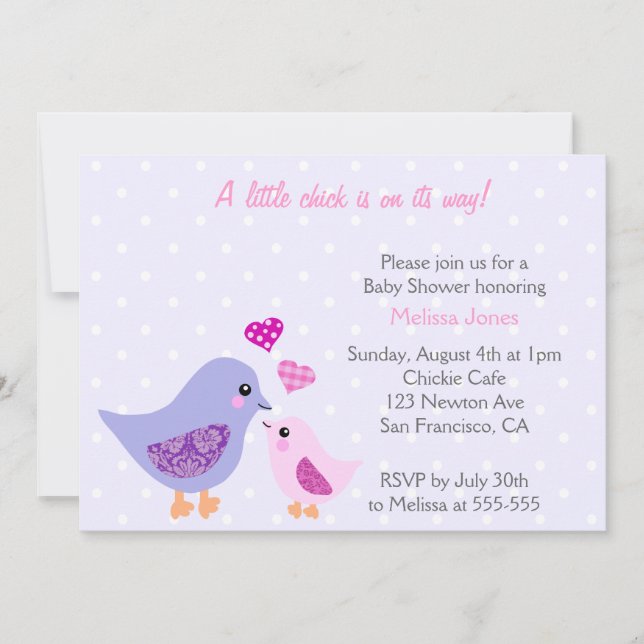 Cute Pink & Purple Bird Baby Shower invitation (Front)