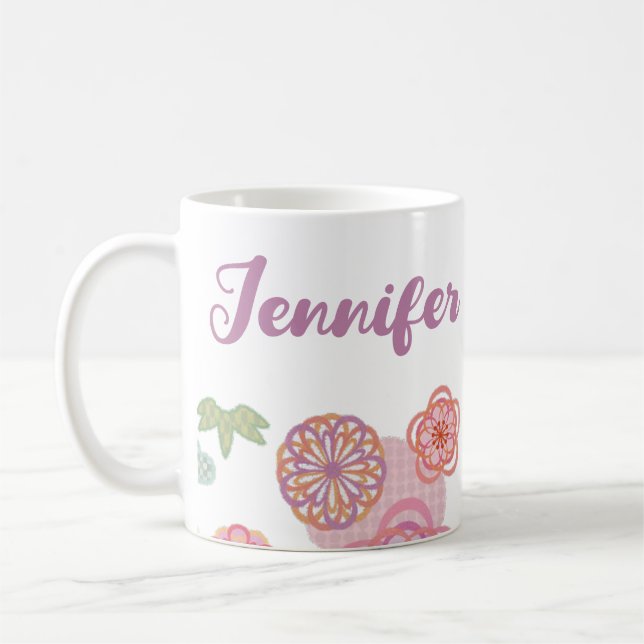Cute Pink Purple Bloom Flowers With Script Name Coffee Mug (Left)